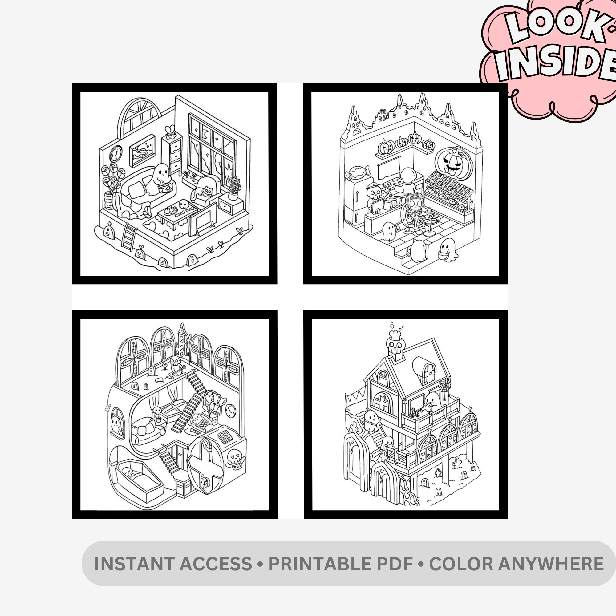 Spooky Room Coloring Book – 42 Cute & Creepy Pages – Bold and Easy Digital PDF for Stress Relief - Image 2