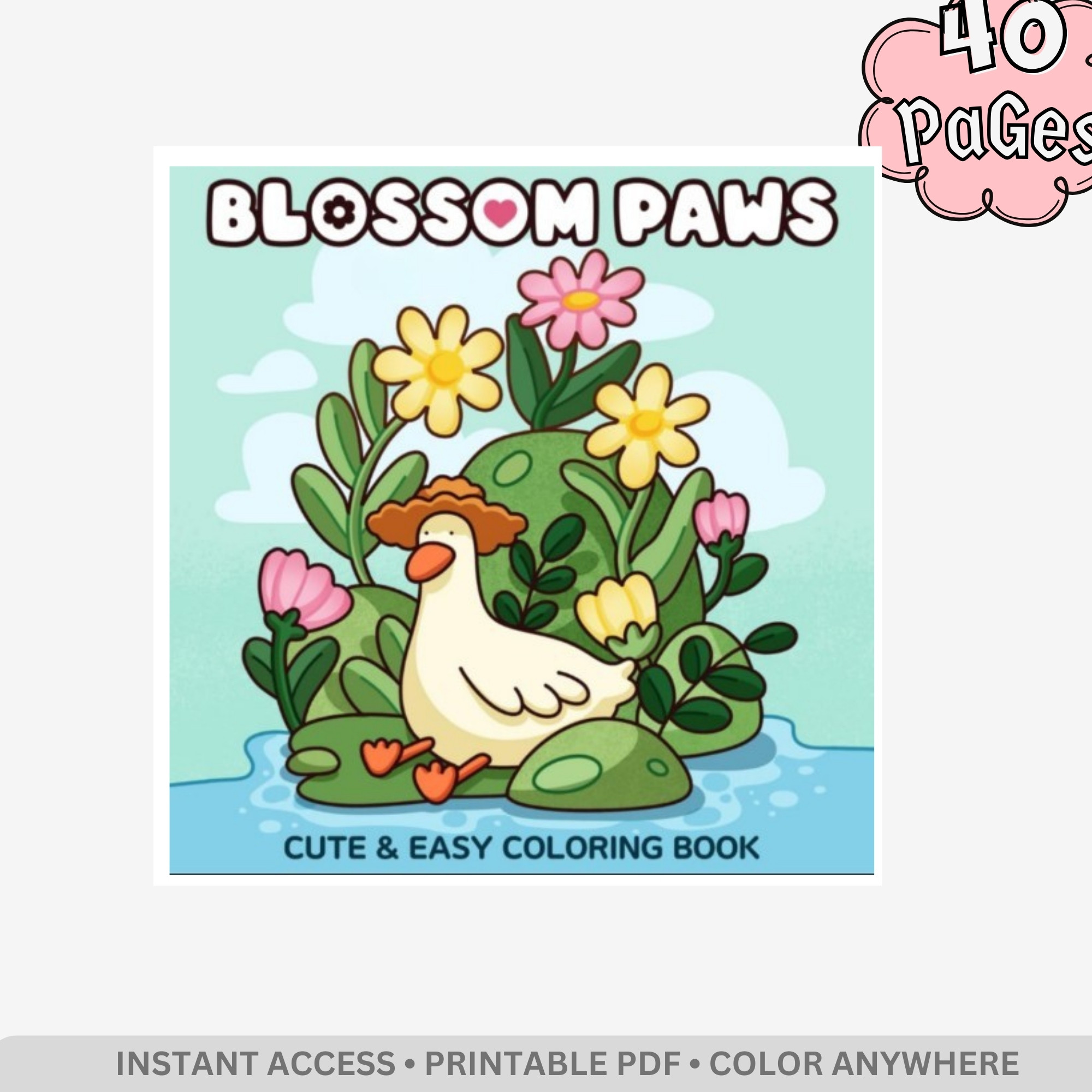 Blossom Paws: Cute Animals & Spring Flowers Coloring Book – 40 Pages of Bold & Easy Kawaii Nature Designs
