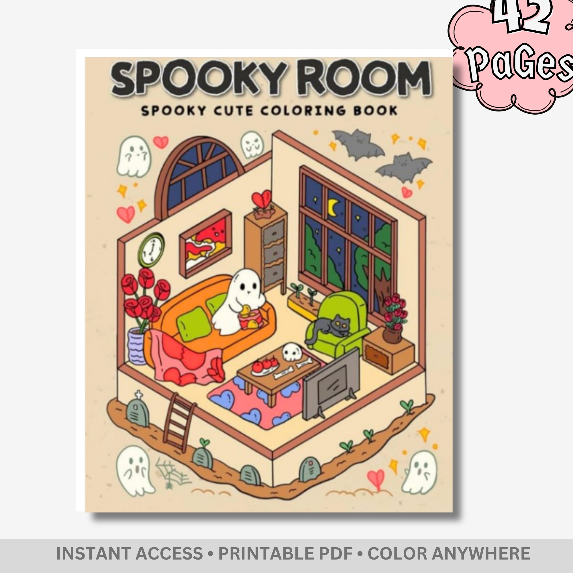 Spooky Room Coloring Book – 42 Cute & Creepy Pages – Bold and Easy Digital PDF for Stress Relief