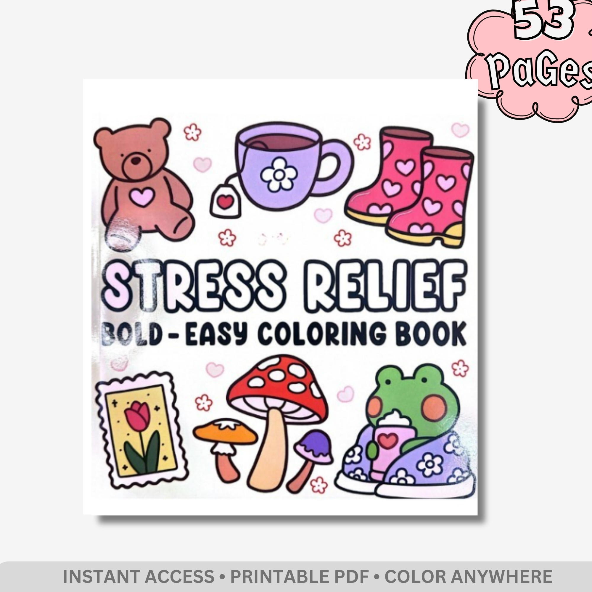 Stress Relief Coloring Book: Bold and Easy Designs for Adults and Kids, Simple Spooky Cute Aesthetic, Instant Digital PDF Download